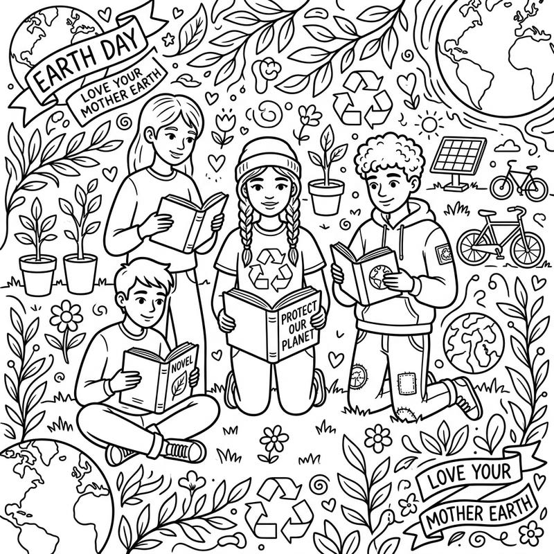 Dive into this inspiring Earth Day coloring page, showcasing teenage readers engaged in learning about our planet. It's a perfect blend of education and creativity, encouraging young minds to love and protect Mother Earth.