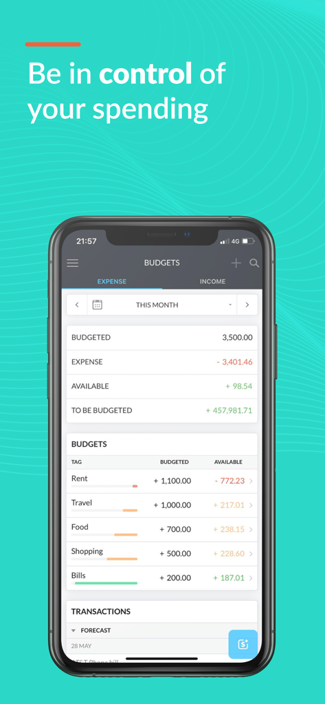 Monthly budget dashboard in the Buxfer app showing expense tracking and categories