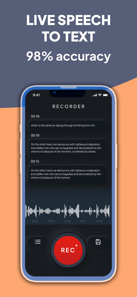LISTENING DEVICE - HEARING AID - Smartphone interface showing live speech to text transcription with high accuracy and audio waveform