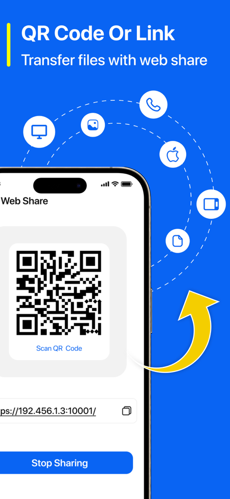 Tela do aplicativo Quick Share mostrando um código QR e um link de URL para compartilhamento rápido de arquivos pela web