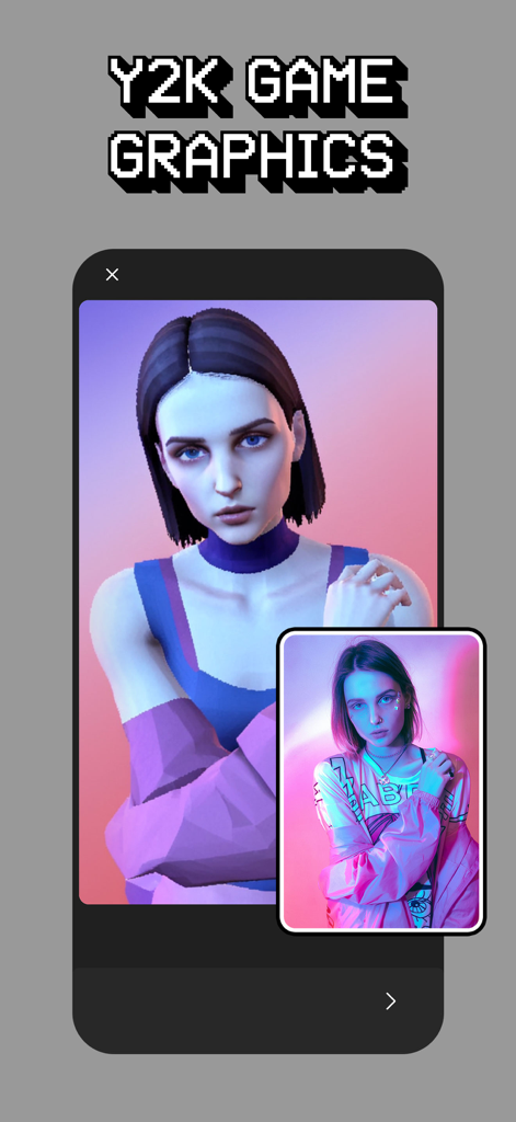 Glitche app interface showing a real portrait transformed into retro Y2K style video game graphics