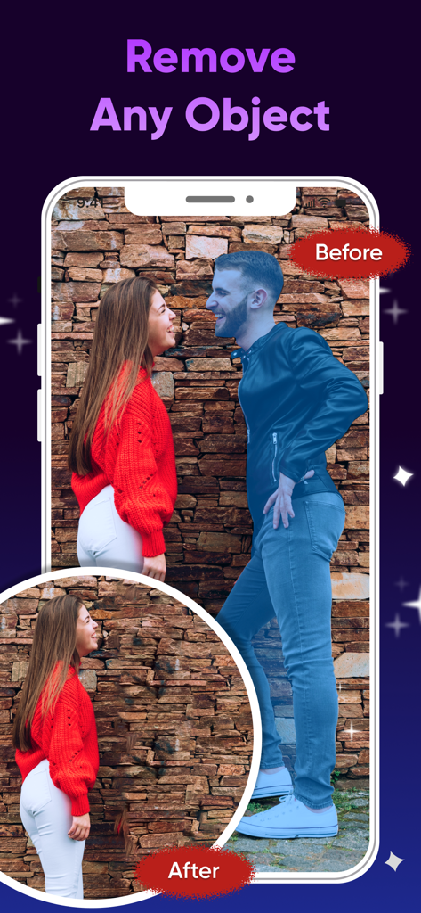 AI Photo Enhancer : Photo App - Comparación antes y después de eliminar a una persona de una foto usando la herramienta de eliminador de objetos con IA