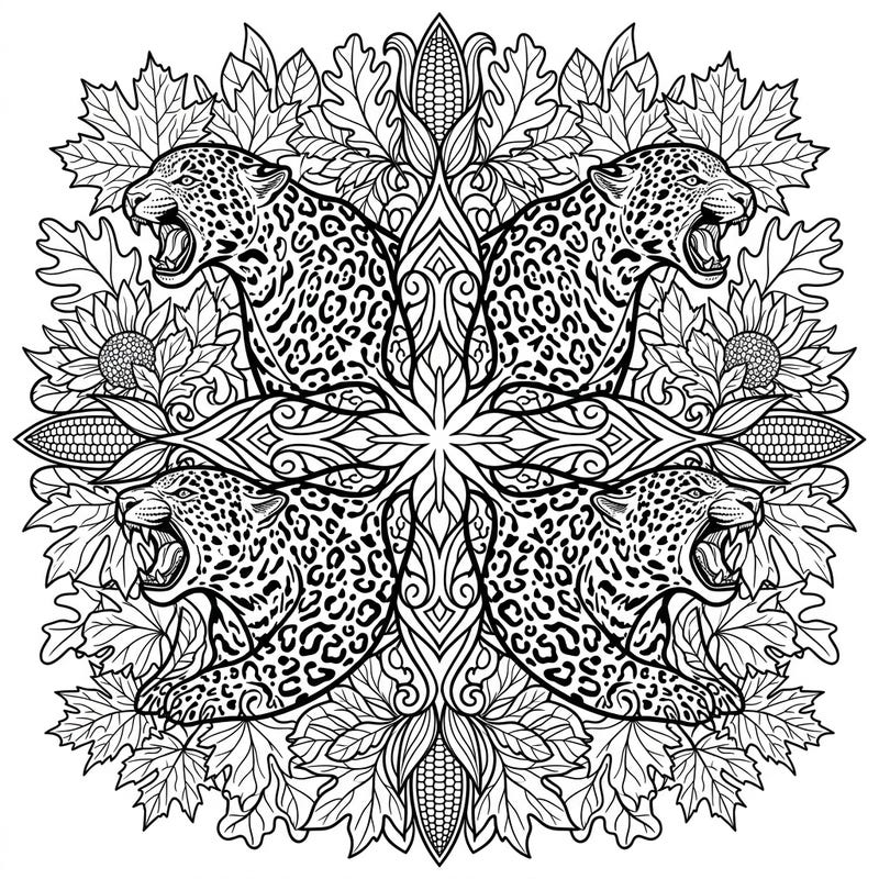 Unleash your creativity with this stunning Jaguar Autumn Mandala coloring page, blending powerful felines with the rich beauty of the fall season. Its symmetrical design offers both a relaxing and engaging coloring experience for all skill levels.