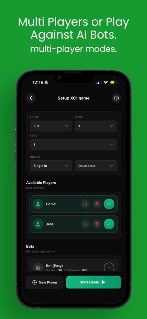 Darts Scoreboard: Darts Scorer - Bildschirm für die Darts Spielstand-Einrichtung mit Optionen für Multiplayer- und KI-Bot-Modi.