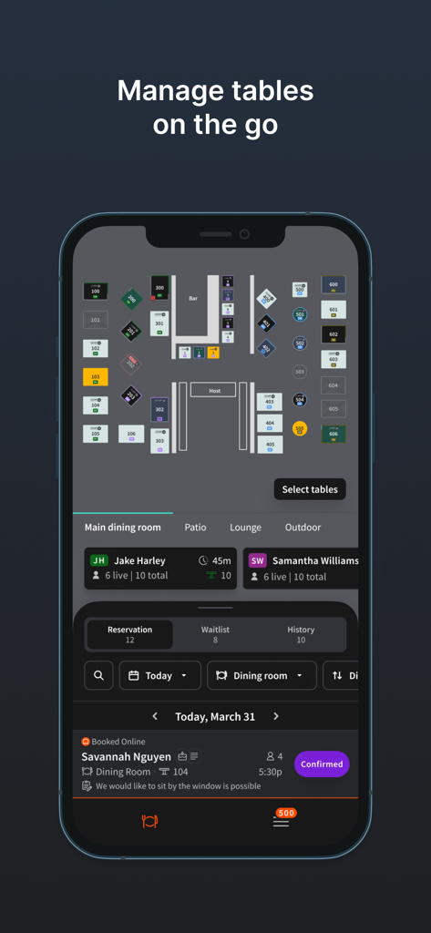 Toast Tables - Toast Tables mobile app interface showing restaurant table layout and management status