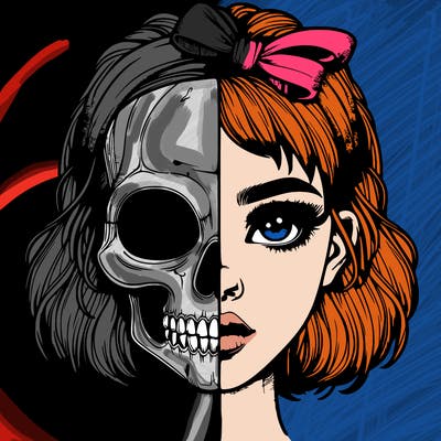 realistic girl with half skull mask