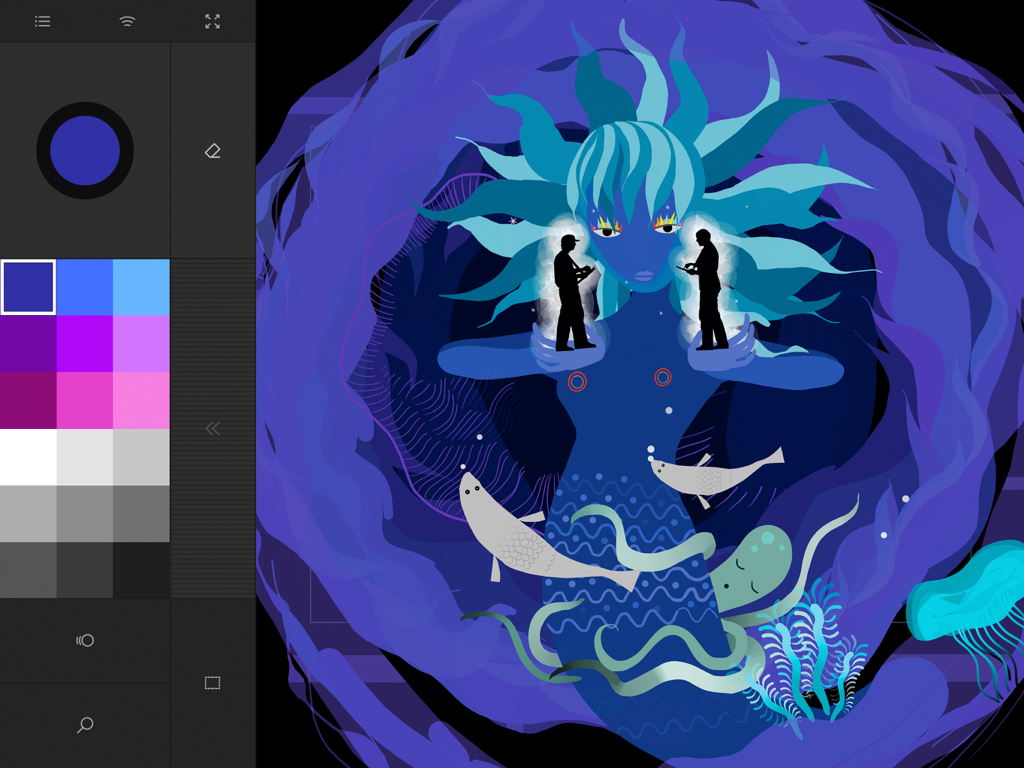 Interfaz de la aplicación Tagtool que muestra un dibujo digital de una sirena azul y una paleta de colores
