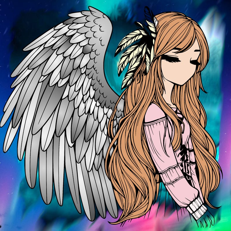 realistic girl with bird wings and some feathers in her hair