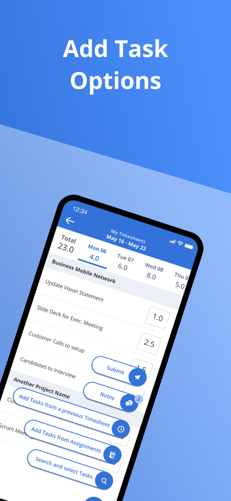 Clarity by Broadcom - Clarity App-Oberfläche, die Optionen zum Hinzufügen von Aufgaben zu einer Zeiterfassung anzeigt