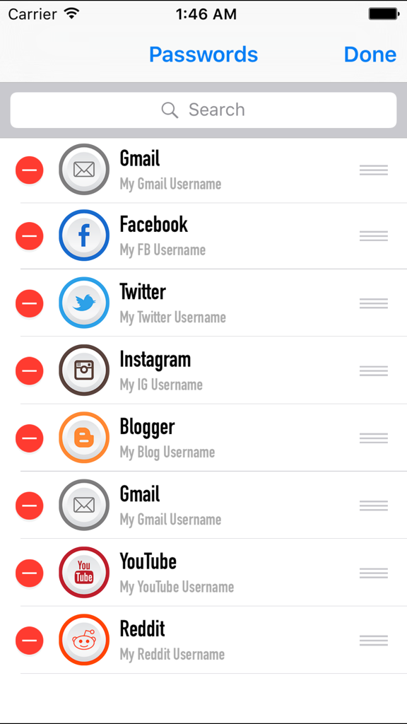 User interface of Simple Password Manager showing a list of saved social media and email accounts