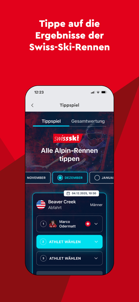 Swiss-Ski - A mobile app screen for the Swiss-Ski prediction game showing alpine skiing race selections for Beaver Creek.
