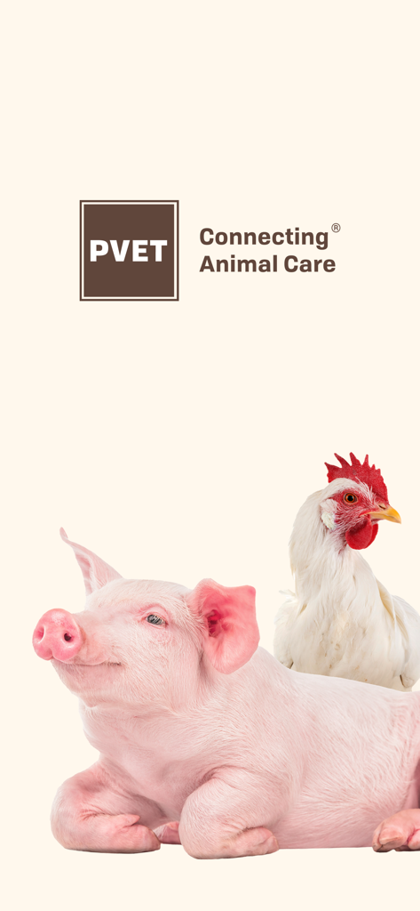 PVET Clinic - PVET Clinic app splash screen featuring the logo, the tagline Connecting Animal Care, and images of a pig and a chicken.