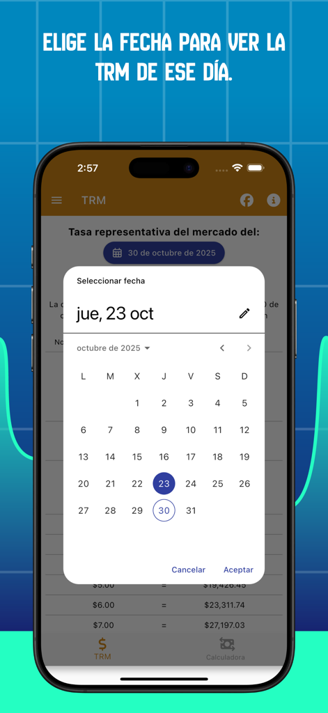 Dollar in Colombia - Schermata dell'app Dollar in Colombia che mostra un calendario per selezionare i tassi di cambio storici.
