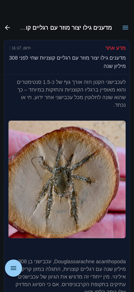 Rotter.net - Rotter.net app interface in dark mode displaying a Hebrew news article about a fossil discovery