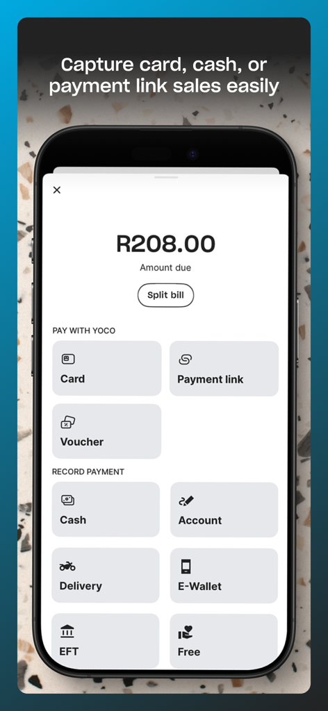 Yoco Point of Sale (POS) - Yoco Point of Sale app screen showing multiple payment methods including card, cash, and payment link
