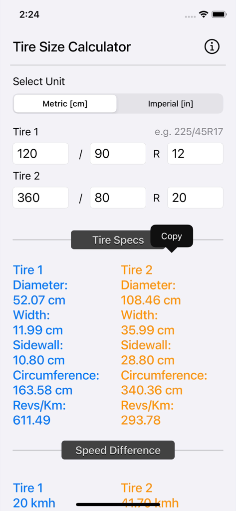 Une comparaison côte à côte de deux spécifications de pneus montrant le diamètre, la largeur et les dimensions du flanc en unités métriques