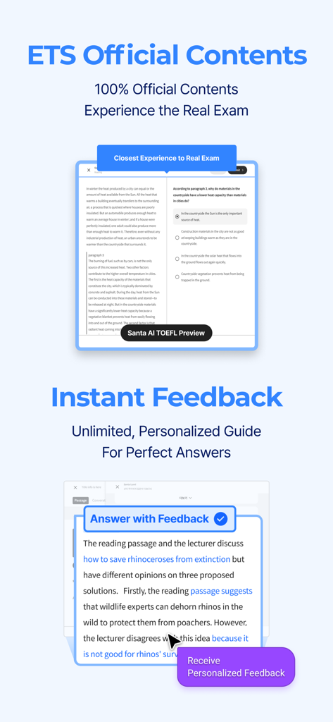 Santa - AI TOEIC - Captura de tela do aplicativo Santa IA destacando questões práticas oficiais do TOEFL da ETS e feedback personalizado instantâneo.