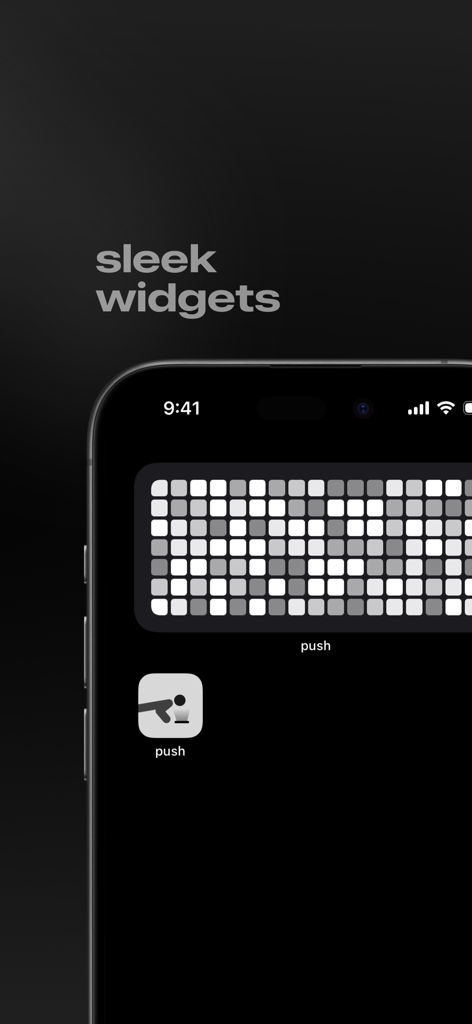 Pushr app icon and a minimalist activity grid widget on an iPhone home screen