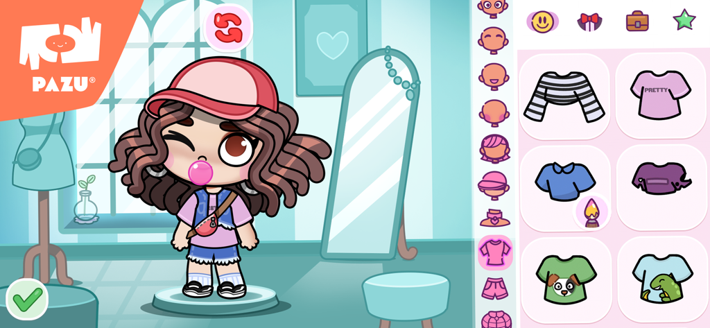 A character customization screen in Avatar World showing a girl avatar blowing bubble gum and various clothing options for kids