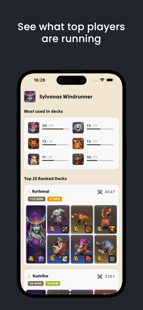 Decks for Warcraft Rumble - Top ranked player decks and unit usage statistics for Sylvanas Windrunner in Warcraft Rumble
