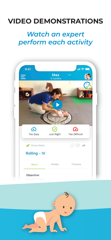 BabySparks app screen showing an expert-led video tutorial for a baby gross motor activity