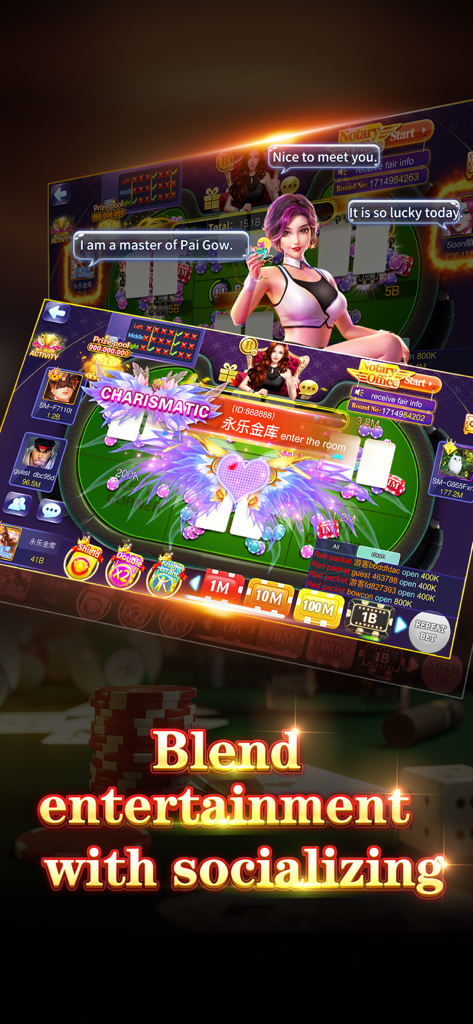 Interfaz del juego móvil Pai Gow Master mostrando chat social en línea y opciones de apuestas