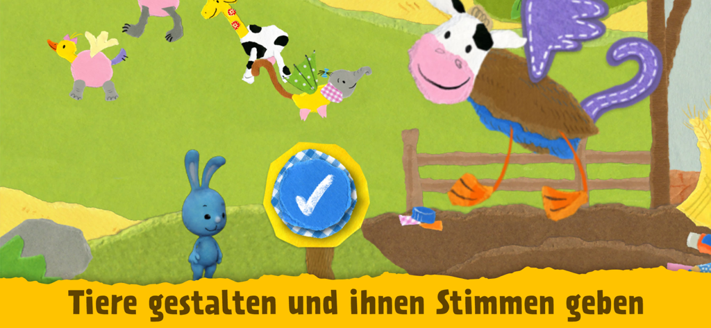 Blue rabbit Kikaninchen standing next to colorful paper collage animals in a green field with a checkmark button