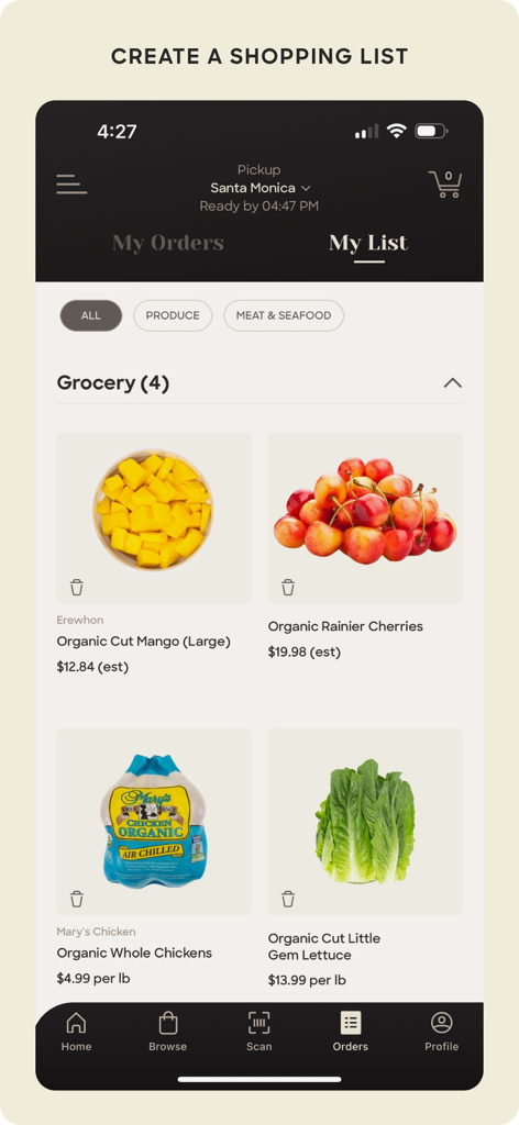 Erewhon - Interface de l'application Erewhon montrant une liste de courses personnalisée de produits d'épicerie biologiques comprenant des mangues, des cerises et de la laitue.