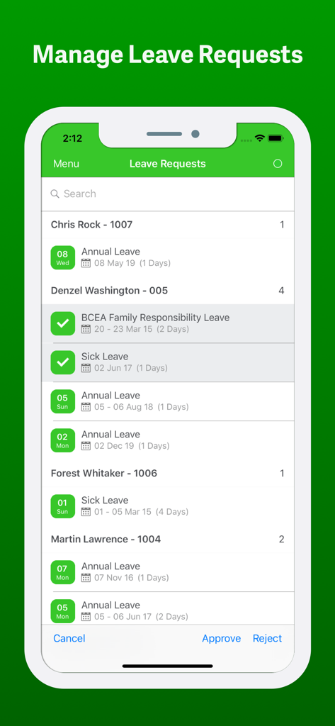 Sage Self Service app interface displaying a list of employee leave requests for manager approval or rejection