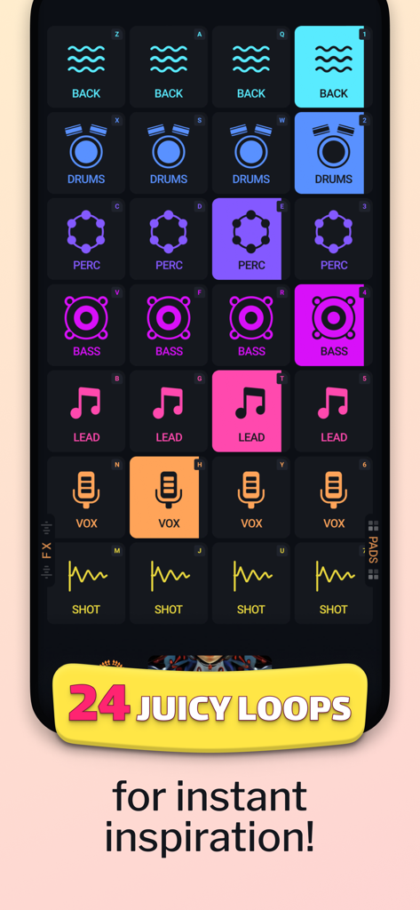Rhythm Pads – Music Board - Interfaccia della music board Rhythm Pads con pad colorati per la creazione di beat e loop sonori