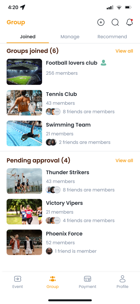 Sports in One - A screenshot of the Sports in One app showing various joined and pending sports groups