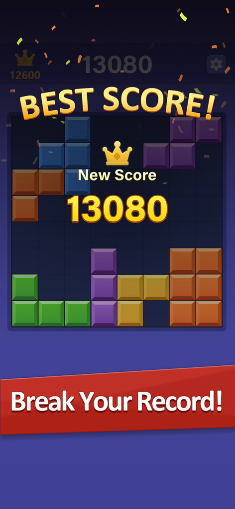 A game screen for Color Block Puzzle showing a new best score of 13080 with falling confetti.