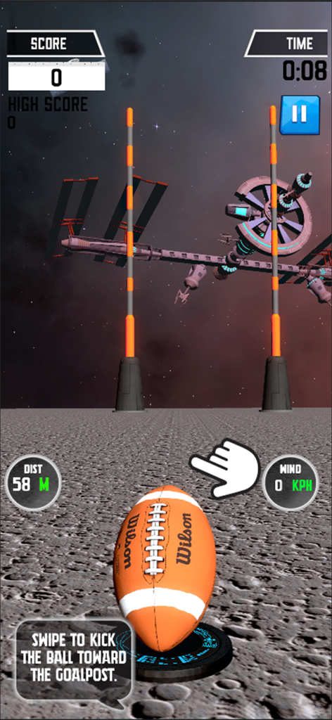Rugby kick challenge on a lunar surface with space station background in Touchdown 2025