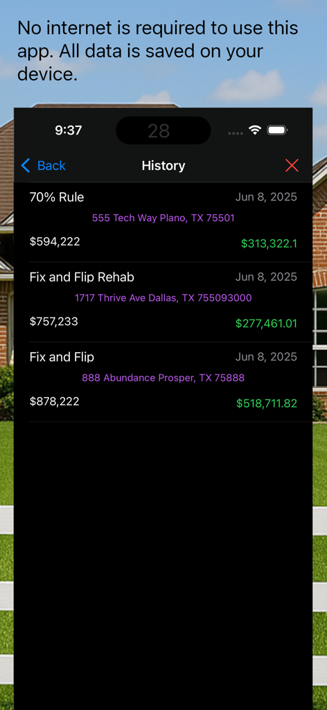 House Flip Analysis - A history log in the House Flip Analysis app showing saved real estate calculations for different properties in Texas.