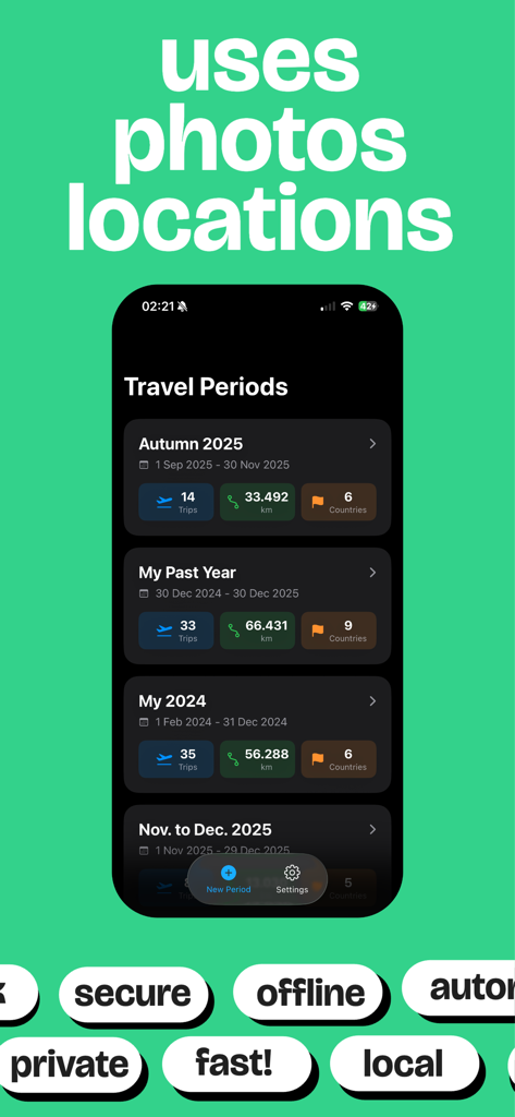 TripReel: Trip Timeline Videos - Écran de l'application TripReel montrant l'historique des voyages par périodes avec des statistiques sur les voyages, la distance et les pays visités.