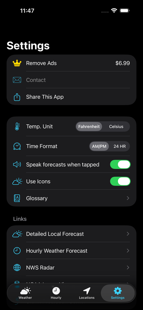 Pantalla de configuración de la aplicación Weather NOAA con opciones para unidades, formato de hora y pronósticos de audio.
