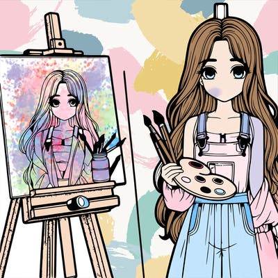 a realistic girl with long hair and shes a painter shes holding a paint pallet and easel with a blank canvas on it next to her
