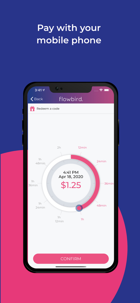 Flowbird app screen showing a circular dial to select parking time and pay with a mobile phone