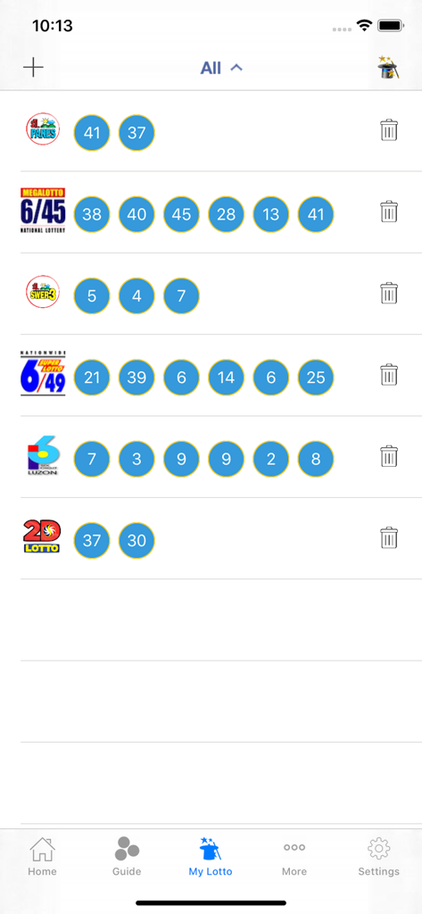 PCSO eLotto Results app showing saved lottery number sets for multiple Philippine lottery games