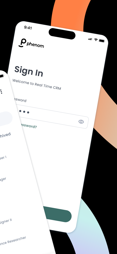Phenom Recruiter - Login screen of the Phenom Recruiter mobile app showing the sign-in interface for recruiters
