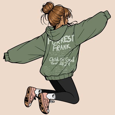 realistic girl jumping with a bun and oversized sweatshirt