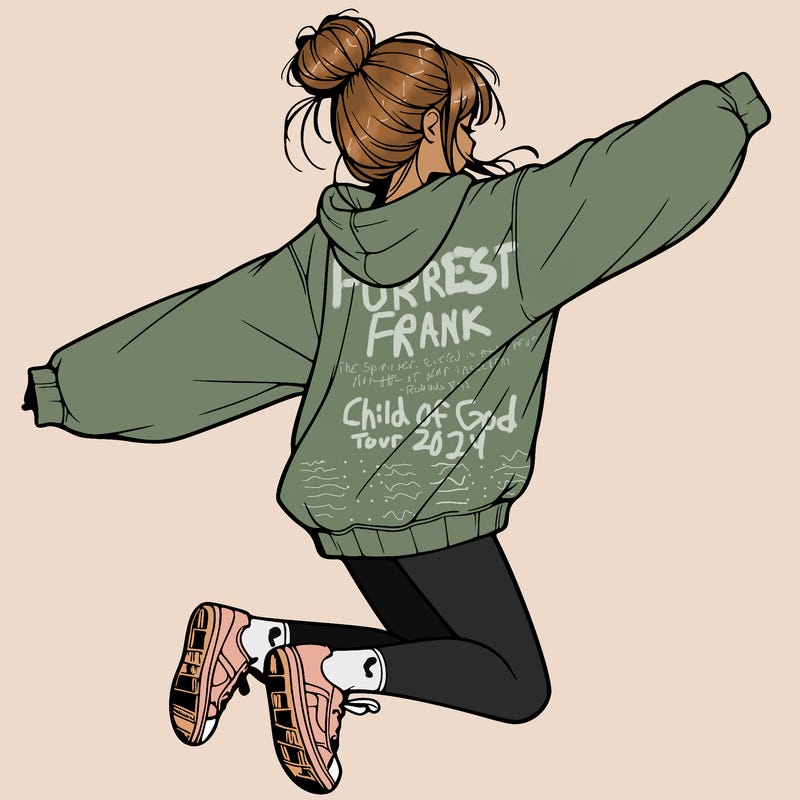 realistic girl jumping with a bun and oversized sweatshirt