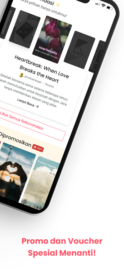 KaryaKarsa - Interfaccia dell'app mobile KaryaKarsa che mostra raccomandazioni personalizzate di libri e promozioni di creatori.