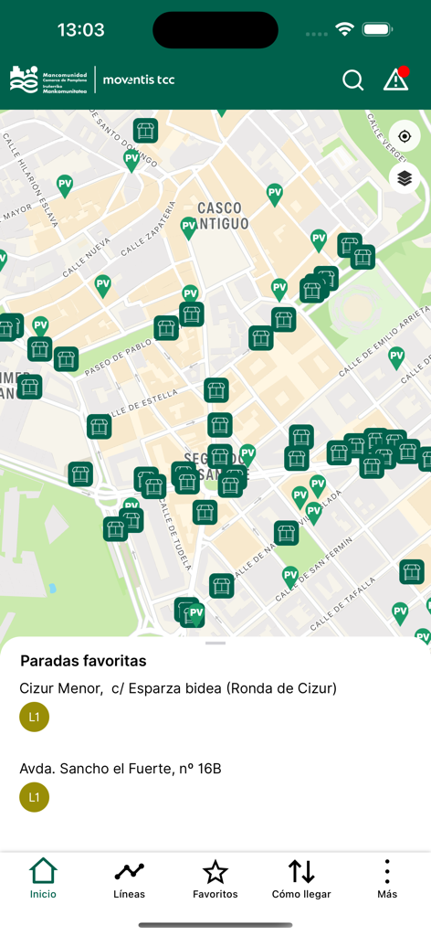 Mapa interactivo de las paradas de autobús de Pamplona y paradas favoritas en la pantalla de inicio de Tu Villavesa