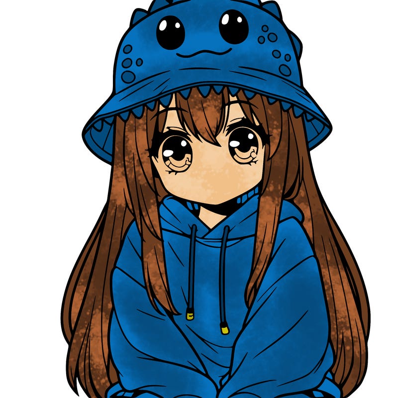girl with anime shaped eyes with a dinosaur bucket hat oversized sweatshirt long straight hair