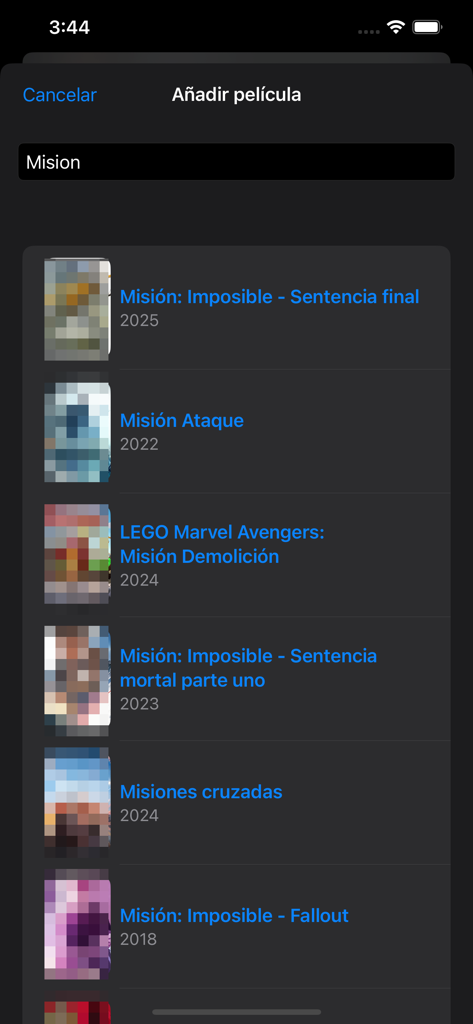 Movie search results for the term Mision in the Mis peliculas app interface