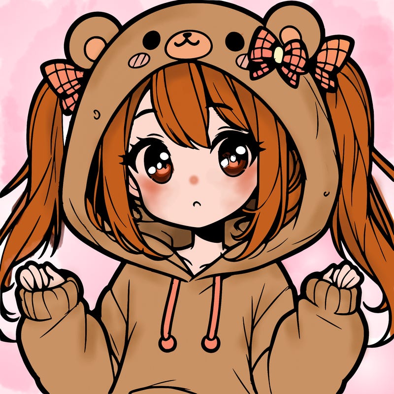 cute anime girl with ponytails and a cute bear hoodie