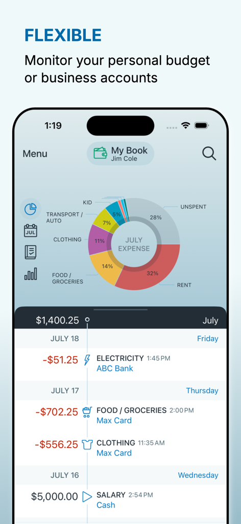 Account Book - Money Manager - Captura de pantalla de la aplicación Account Book que muestra un gráfico circular de gastos mensuales y transacciones financieras recientes