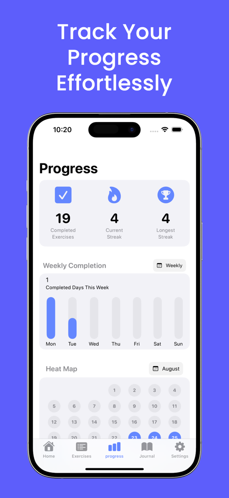 Sleep Apnea & Snore Exercises - Panel de progreso que muestra los ejercicios completados, las rachas actuales y los gráficos de actividad semanal