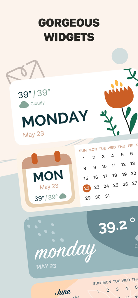 Aesthetic Themes - Preppy Kit - A display of aesthetic preppy-themed widgets for iPhone home screen customization including weather and calendar styles